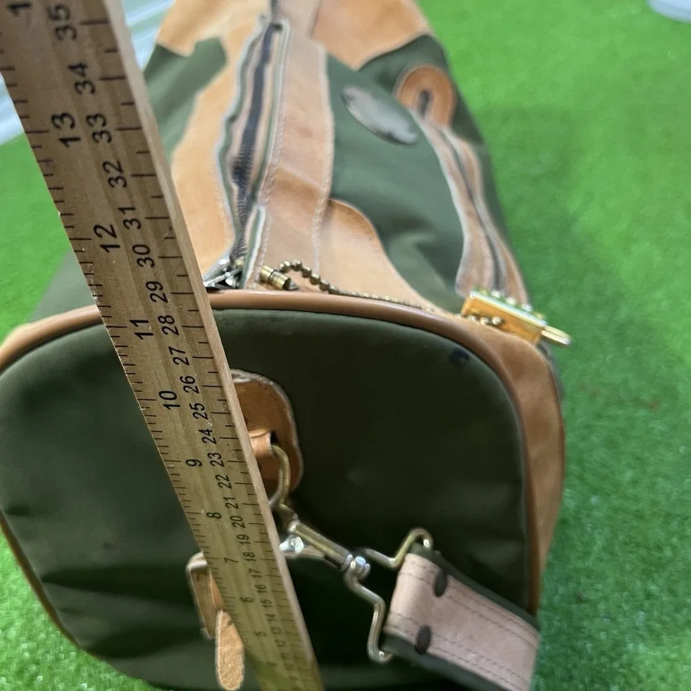 Vintage Waxed Canvas Weekender Duffle Bag Olive Drab Brown Leather Western 70s